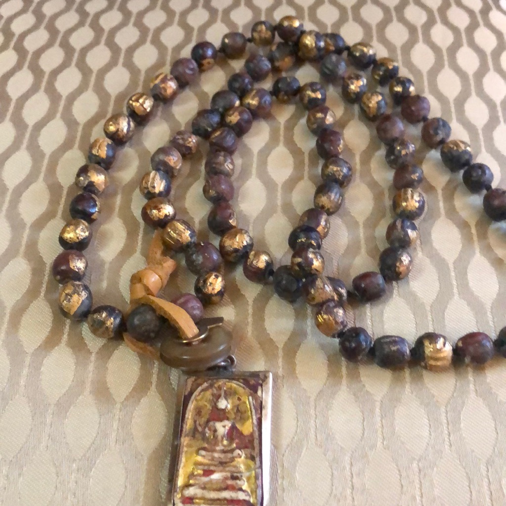 Gilded Painted Wooden Beads W/Amber &Buddha Charm.